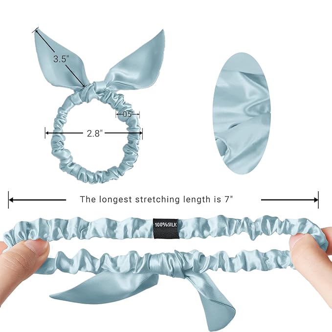 THXSILK Hair Silk Scrunchies with Bow for Women Pure Mulberry Silk Hair Cute Ring Ties Scrunchies for Girls Women's Thick Hair, Light Blue, 2.8"
