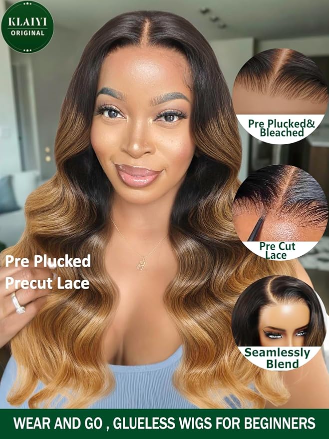 KLAIYI Ombre Highlight Blonde Loose Wave Pre Everything Glueless 13x4 Lace Front Wigs Human Hair Drawstring Balayage Brown Pre Cut Pre Plucked Bleached Ready to Wear and Go Wig with Dark Roots 22Inch