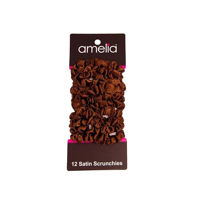 Amelia Beauty, Brown Satin Small Scrunchies, 12-Pack – No Damage Hair Ties for Women, Gentle & Durable Hair Accessories, 2.5in x 0.5in