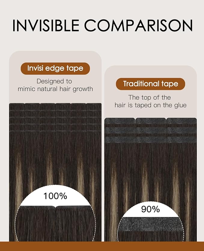 VINBAO Invisi Edge Tape in Extensions Human Hair Balayage Darkest Brown to Medium Brown Ombre Injected Tape in Hair Extensions Invisible 45g 20pcs 16inch #2/6/2
