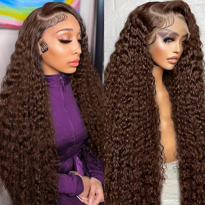 26 Inch Chocolate Brown Deep Wave Lace Front Wigs Human Hair Pre Plucked 200% Density 13x6 HD Lace Frontal Wigs with Baby Hair Deep Curly Wet and Wavy Glueless Wigs for Women (4# Brown, 26 Inch)