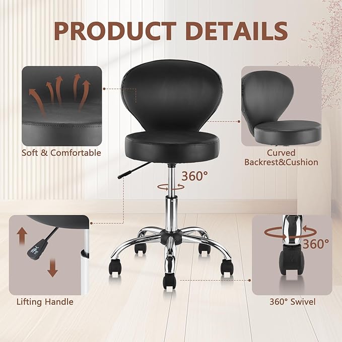 Set of 2 PVC Faux Leather Rolling Swivel Salon Stool Chair with Wheel Back Lumbar Support Seat Height 22 in Diameter 15 Inch Adjustable Hydraulic Chair for Beauty Barber Manicure Lash 2 Pack