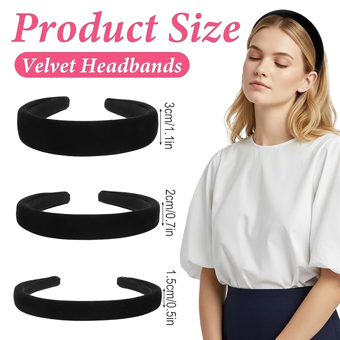 Black Velvet Headbands for Women,3 Pcs Headbands for Women Non Slip 3 Different Width,Elastic Hair Bands Fashion Accessories