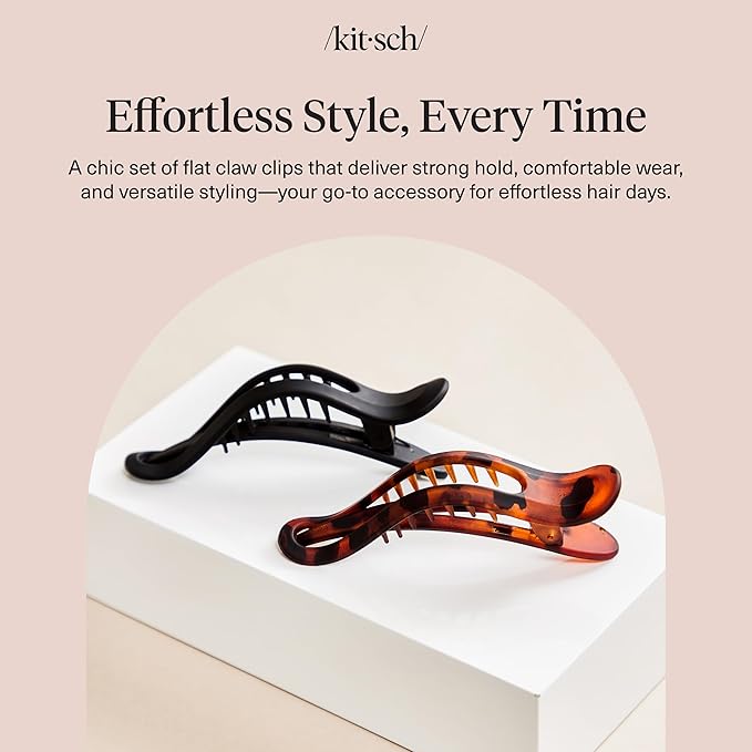 Kitsch Flat Hair Clips for Women - Strong Hold, No Slip Grip Flat Claw Clips | Sleek Curved Design For Comfortable Look | Hair Accessories For Girls | Ideal Gifts for Women - Black & Tortoise, 2pcs