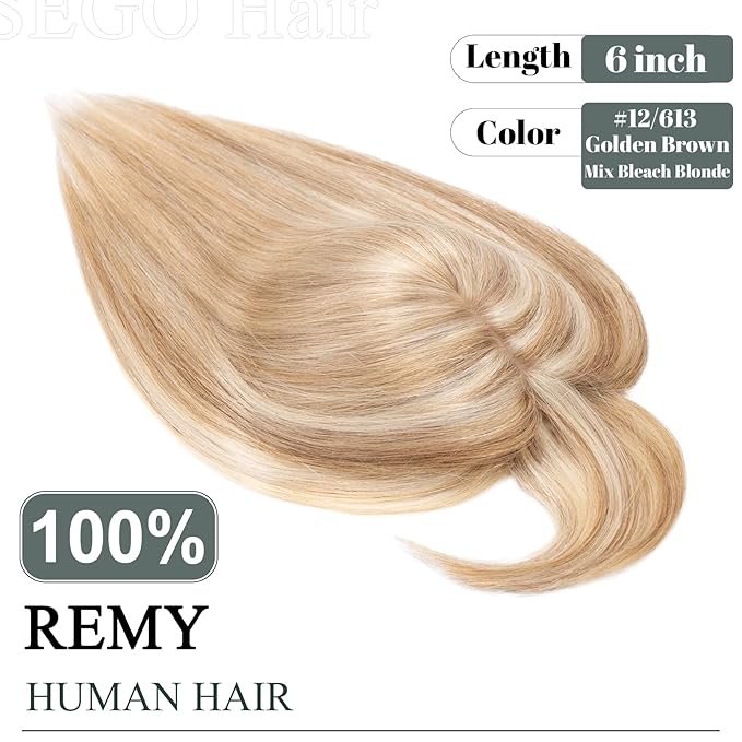 SEGO Hair Toppers for Women Real Human Hair with Thinning Hair, Toppers Hair Clip in Toppers with Front Bangs 150% Density Silk Base -6 Inch #12/613 Golden Brown Mix Bleach Blonde