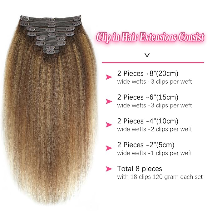 Kinky Straight Clip in Hair Extensions Real Human Highlight Clip ins For Women Unprocessed Clip on Hair Extensions(18inch,#4/27/4)