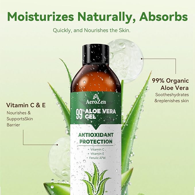 Aero Zen 99% Natural Aloe Vera Gel | Daily Hydration & After-Sun Relief | Lightweight Alcohol-Free Formula, Deeply and Quickly Soothes Skin, Suitable for Face/Body/Hair - 8.45 fl oz