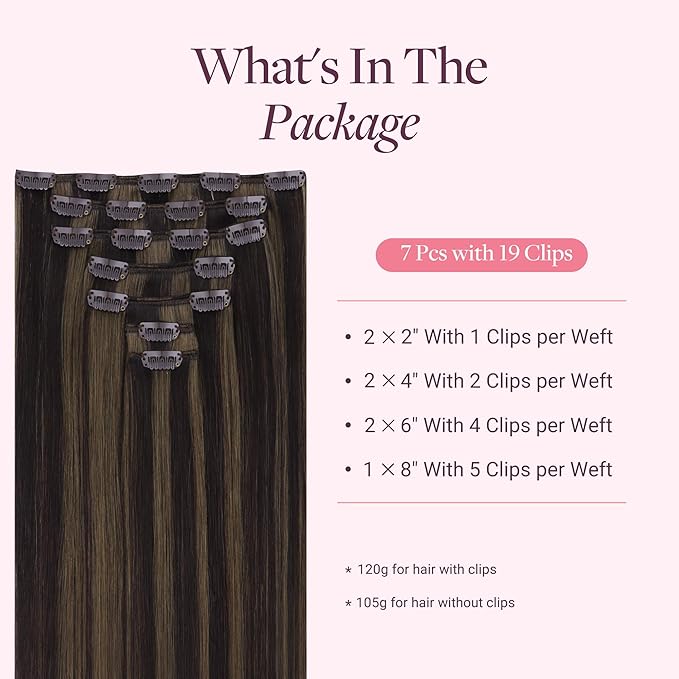 GOO GOO Clip in Hair Extensions Real Human Hair, Remy Human Hair Extensions Clip ins for Women, Natural Human Hair, 14inch 120g 7 Pcs, #2/6 Dark Brown Highlighted Chestnut Brown