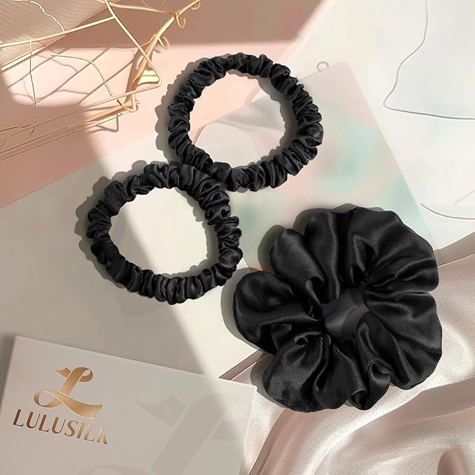 LULUSILK Black Silk Scrunchies for Hair Sleep, 100% Real Mulberry Silk, No Damage Hair Ties for Women and Girls, Pack of 3