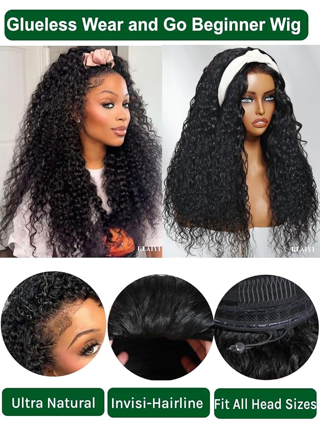 KLAIYI Water Wave 3 In 1 Flip Over 3/4 Half Wig Human Hair Curly Flip Over Seamless Blend Edges Glueless Wear and Go Drawstring Headband Clip In Wigs for Women Ready to Go Wig Beginner Friendly 16Inch