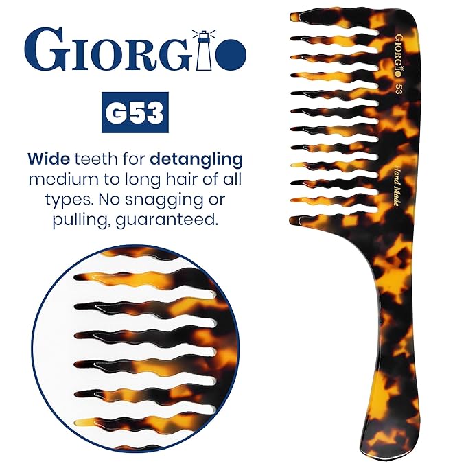 Giorgio G53 Wide Tooth Comb for Curly Hair Detangler, Wide Tooth Combs for Women with Thick Hair, Large Tooth Comb For Wet and Dry, Handmade Rake Detangler Saw-Cut and Hand Polished (8")