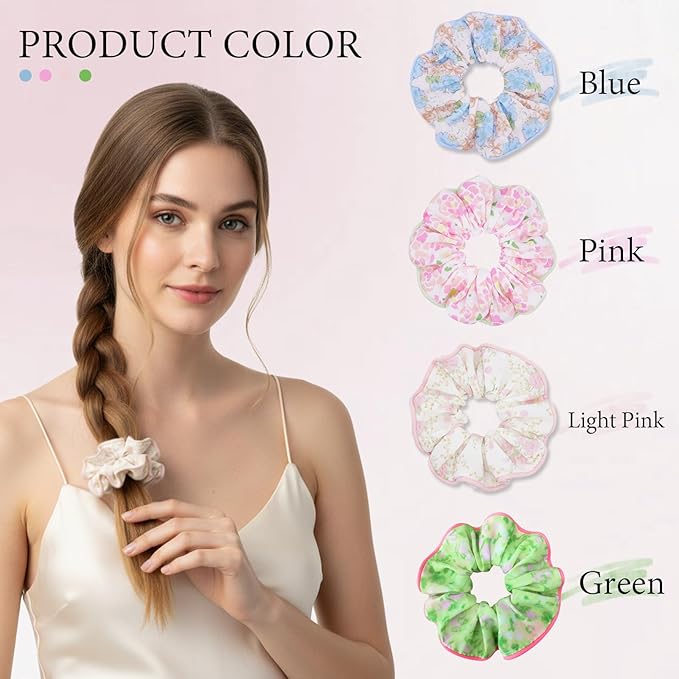 Flower Scrunchies for Women – Fabric Floral Hair Ties No Damage, Scrunchy for Ponytail or Bun, Stylish Hair Accessories – 4 Pcs
