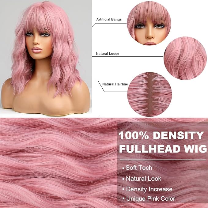 BERON 14 Inches Pink Wig for Women Girls Short Curly Synthetic Wig with Bangs Lovely Pink