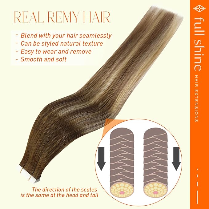 Full Shine Balayage Tape in Hair Extensions Human Hair 18 Inch 20Pcs 50G Double Sided Tape in Extensions Color 4/27/60/8 Medium Brown Ombre Blonde and Ash Brown Remy Hair Extensions Tape ins Seamless