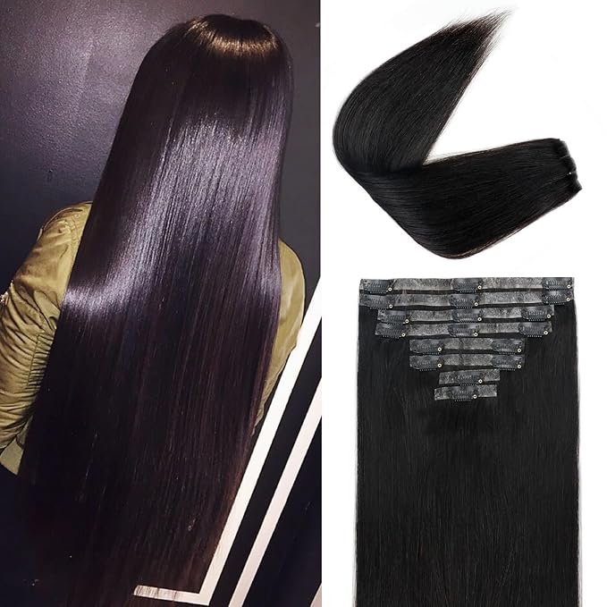 Injected Clip in Hair Extensions Real Human Hair Invisible Hand-Tied Weft Hair Extensions Clip in Human Hair Straight Seamless Clip ins for Women 8Pcs 120g 24inch #1B Natural Black