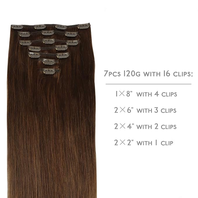 WENNALIFE Clip in Hair Extensions Real Human Hair, 22 Inch 130g 7pcs Remy Hair, Chocolate Brown Straight Natural Extensiones De Cabello Humano Con Clip Ins