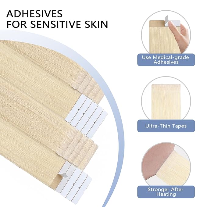 COOKAYU Invisible Tape in Hair Extensions Human Hair, Platinum Blonde 30g 20pcs 14Inch Seamless Extensions Straight Invisi Edge Tape ins