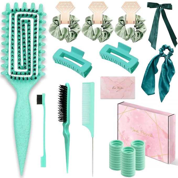 Curly Hair Brush,Curl Defining Brush,Slick Back Hair Brush,Rat Tail Comb,Edge Bristle Brush,Clip Claw,Bow,Satin Scrunchies,No Damage Hair Ties,Scarf Hair Ties,Gifts For Women,Best Gift Set(Green)