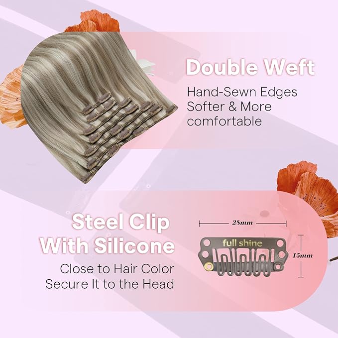 Full Shine Blonde Hair Extensions Clip in 12 Inch, Ash Brown Highlight Blonde Clip In Hair Extensions Real Human Hair for Thin Hair Add Thickness Straight 7 Pcs 95g