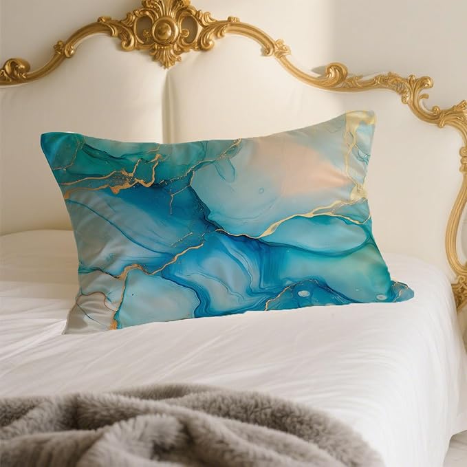 Imitation Silk Pillow Case for Hair and Skin Abstract Blue and Gold Marble 1 Pack Satin Pillow Case Standard Size with Hidden Zipper Smooth Cooling Pillow Cover for Sleeping 20”x26”