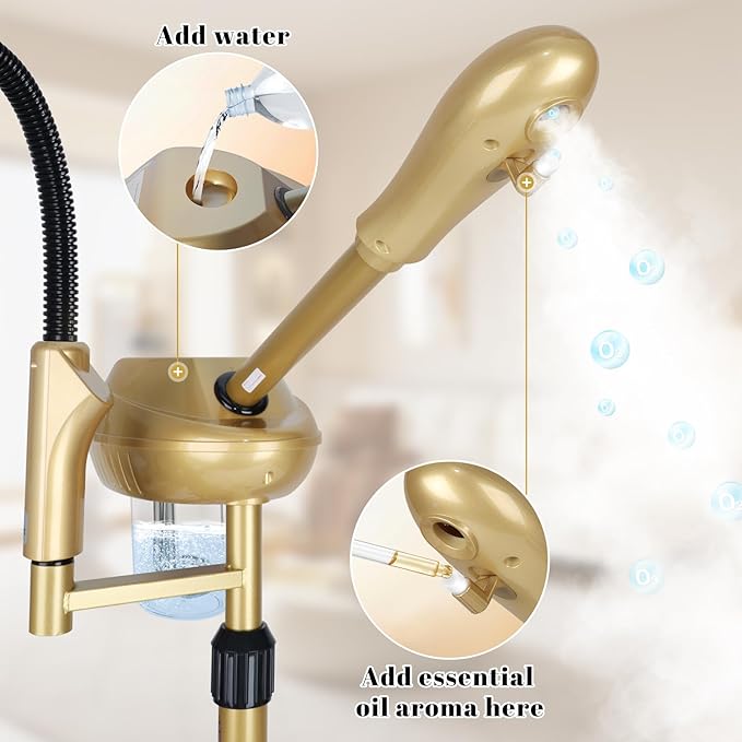 Professional Facial Steamer Adjustable Height and Angle, Face Steamer Clean Skin Firming Pores and Moisturizing Suitable for a Beauty, Spa, at Home（Gold）