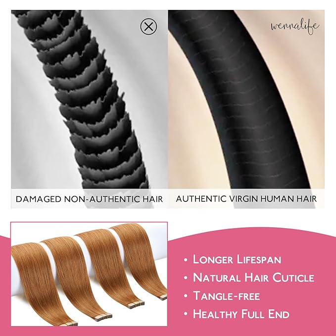 WENNALIFE Tape in Hair Extensions Human Hair Auburn Ginger Tape in Extensions, 10pcs 30g 24 inch Remy Invisible Tape Ins Straight Colored Soft Real Human Hair Tape in Extensions Refill Set Extensions