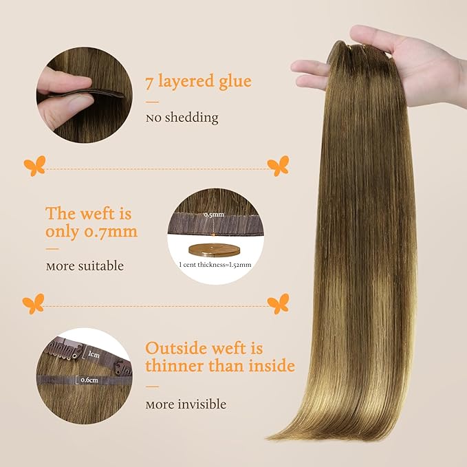 DOORES Seamless Clip in Hair Extensions Real Human Hair, Medium Brown Highlighted Dirty Blonde 18 Inch 110g 7pcs, Human Hair Extensions Skin Weft Remy Straight Hair Invisible Edge Hair Extensions
