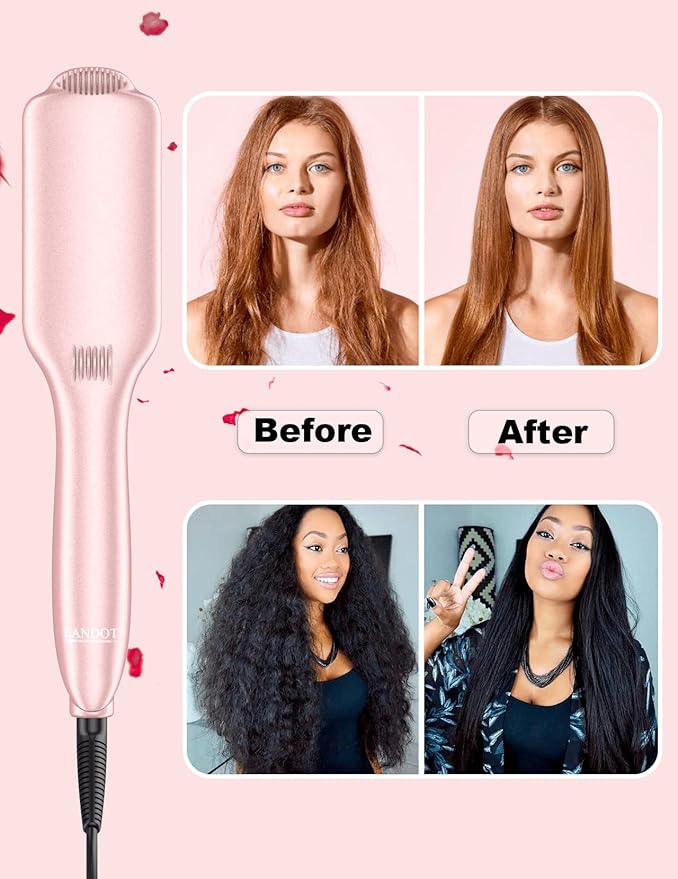 LANDOT Rose Gold Hair Straightener Brush - Elegant Gift for Women, Ionic Ceramic Straightening Brush for Smooth & Shiny Hair, Dual Voltage with 12 Adjustable Heat Settings 250°F-450°F