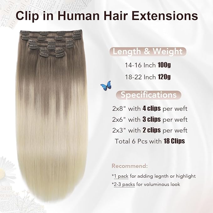 XDhair Clip in Hair Extensions Human Hair 100g 16 Inch Balayage Ash Brown to Platinum Blonde Clip in Hair Extensions 6pcs Straight Real Hair (16, #8T60)
