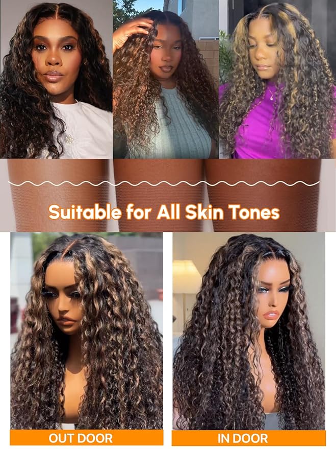 Julia Hair Golden Brown Highlight Water Wave and Jerry Curly Wig Mixed Curls 13X4 Lace Front Pre Everything Wigs Glueless Human Hair Lace Frontal with Invisi Drawstring Ready to Go 16 Inch