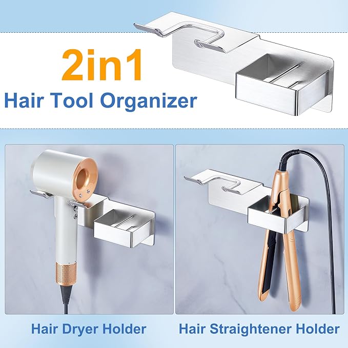 Hair Dryer Holder Wall Mounted, Hair Straightener Holder Stainless Steel, Adhesive Blow Dryer and Hair Straightener Holder, Bathroom Bedroom Hair Tool Organizer for Flat Iron,Curling Iron,Hairdryer