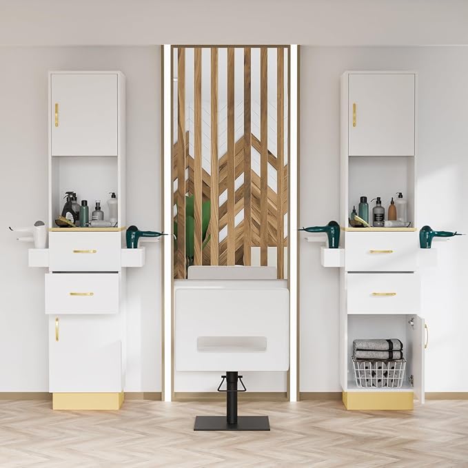Salon Station for Hair Stylist - Barber Beauty Spa Equipment With 2 Drawers, 2 Storage Cabinets, 6 Hair Dryer Holders for Styling - White Gold