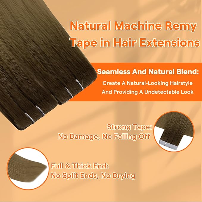 Full Shine Injected Tape in Hair Extensions Color R3 Dark Brown to 8 Light Brown Ombre Seamless Tape in Extensions Virgin Real Human Hair 18Inch Silky Straight 12.5Grams 5Pcs for Postpartum Women