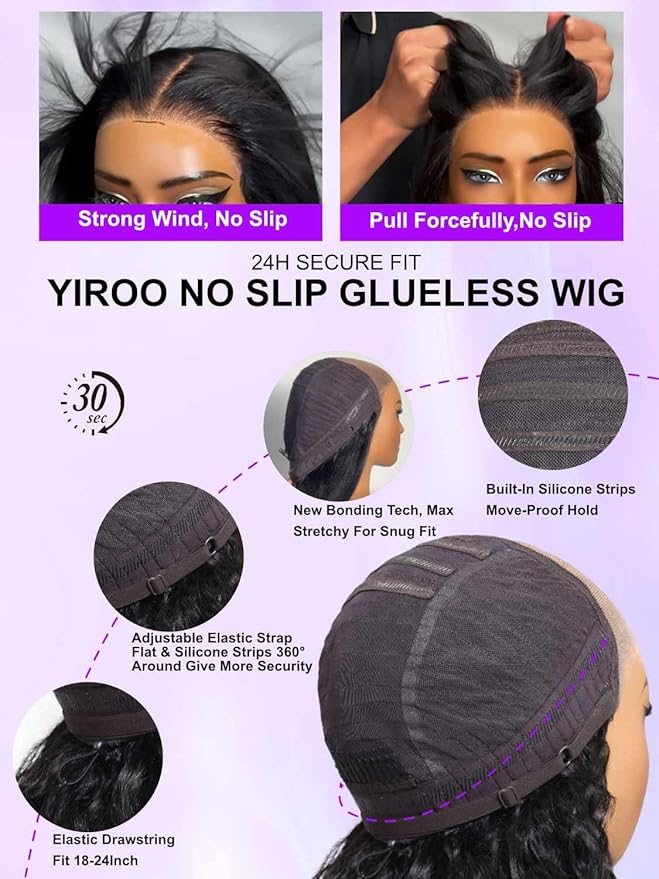 YIROO No Slip 7x5 Bye Bye Knots Yaki Straight Lace Front Glueless Drawstring Wig Human Hair with Deep Stretch Cap Fits All Head Sizes,Pre-Plucked Pre-Cut Wear and Go Wig for Women 150% Density 26Inch