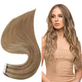 Full Shine Invisible Tape in Hair Extensions Balayage Golden Blonde Highlight Double Sided Tape in Extensions 22Inch 20Pcs 50Grams Seamless Tape Ins Human Hair Extensions for Wedding