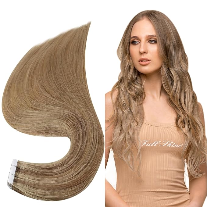 Full Shine Invisible Tape in Hair Extensions Balayage Golden Blonde Highlight Double Sided Tape in Extensions 22Inch 20Pcs 50Grams Seamless Tape Ins Human Hair Extensions for Wedding