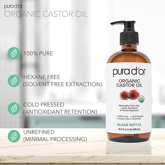 PURA D'OR 16.9 oz Organic Castor Oil (GLASS BOTTLE) Pure Cold-Pressed Hexane-Free USDA Certified – Lashes Brows Hair Scalp Skin – Botanical Moisturizer for Softness Strength Hydration Shine Radiance