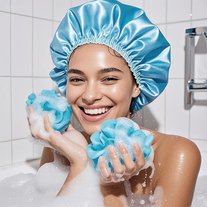 Smilco 4 Pack Shower Caps for Women, Reusable Waterproof Double Layer Bath Cap, Large EVA Elastic Hair Cover for Shower, Fits Long Hair & Braids, for Spa & Home