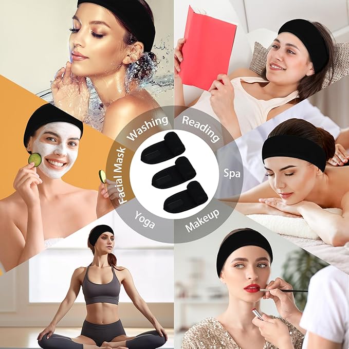 3 Pack Facial Spa Headband for Women - Adjustable, Non-Slip Terry Cloth Headband for Washing Face, Makeup, and Shower - Soft and Stretchable Hair Wrap