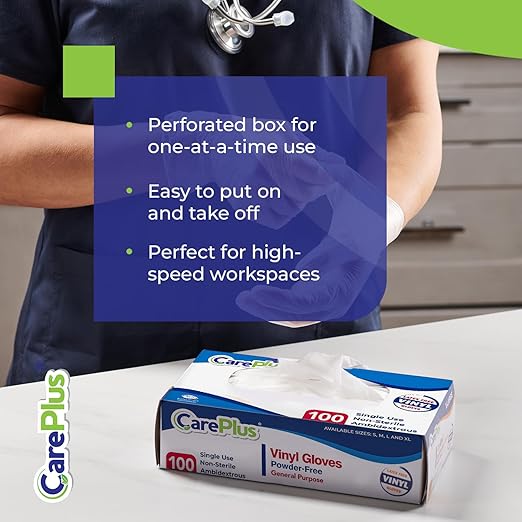 CARE PLUS Vinyl Gloves Clear Large Size 200 Count | Heavy Duty, Non-Sterile, Powder-Free, Latex-Free Rubber | Food Prep, Kitchen & Cleaning Gloves, Ideal for Professional Use