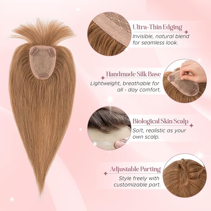 Real Human Hair Toppers for Women 3.54"*4.72" Silky Base 150% Density With Bangs Adjustable Parting Clip-In Topper Hairpieces for Women with Thinning Hair 10 Inches Light Brown