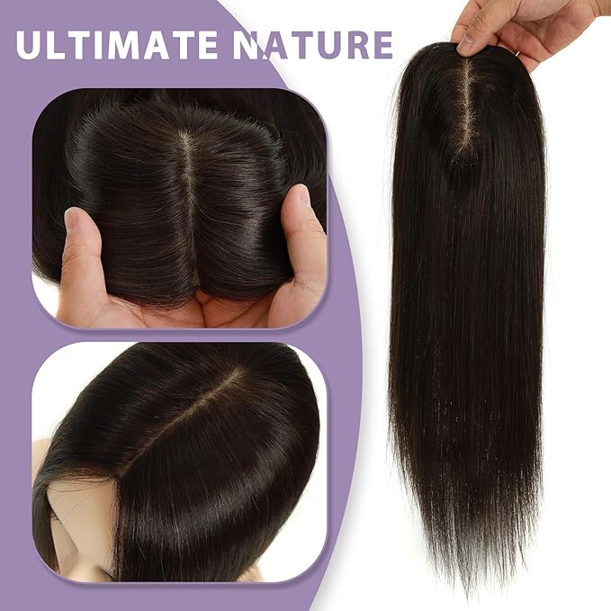 Hair Toppers for Women Real Human Hair, 3x5 Inch Injected Silk Base No Bangs 14 Inch Length 130% Density Hairpieces #1C Natural Black (Subtle Red Undertones in Sunlight)