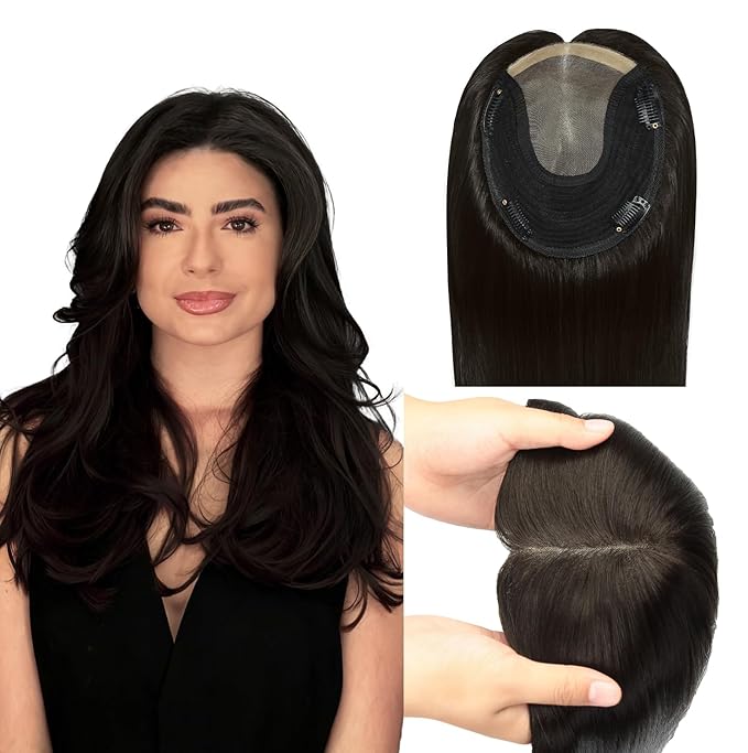 WORLDSTAR Hair Toppers for Women Real Human Hair No Bangs 6 * 7 Inch Base 16 Inch 75g #1B Natural Black 360°3D Coverage Hairpieces Hand-stitched Real Hair Toppers for Women Add Volume (tp#1B-16)