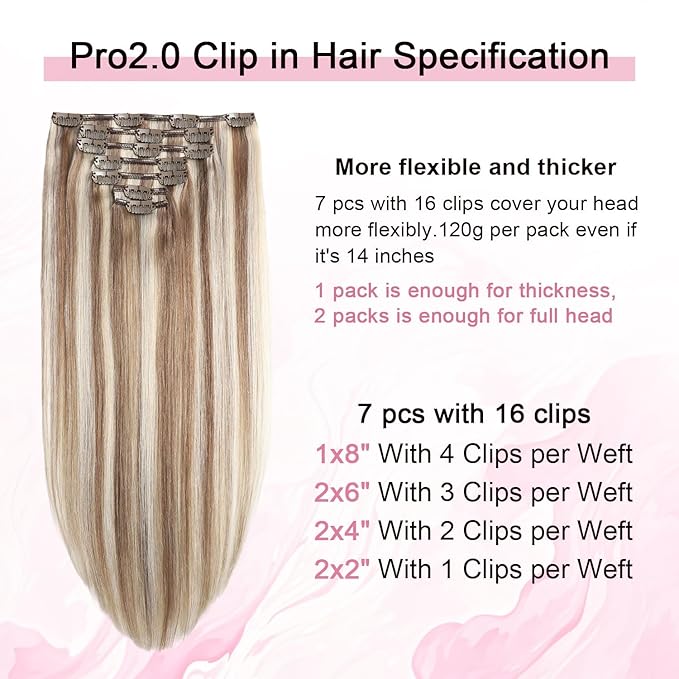 Pro2.0 Remy Clip in Extensions Real Human Hair Color #8p60 Brown Highlights Platinum Blonde Remy Clip in Hair Extensions Real Human Hair 18inch 120g Thick 7pcs Double Weft（#8p60-18inch）