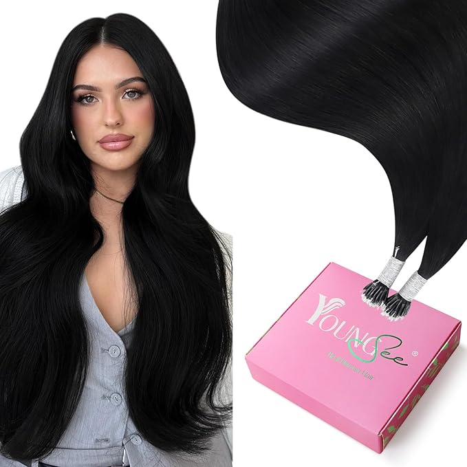 YoungSee Nano Beads Hair Extensions Black Nano Ring Hair Extensions Human Hair Jet Black Nano-Tip Hair Extension 16 Inch Nano-link Extension Natural Looking for Black Women 50s 50g