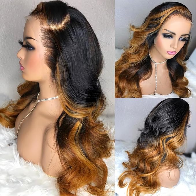 250% Density 13x6 Lace Front Wigs Human Hair Pre Plucked Body Wave HD Transparent Ombre Lace Front Wigs Glueless Wigs Human Hair 13x6 Balayage Wigs Human Hair Wigs 1B30 For Women 28inch