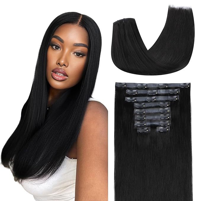 Lashey Seamless Clip in Hair Extensions Human Hair 130g 9pcs #1 Jet Black Straight 16 Inch Clip in Hair Extensions with PU Soft Invisi Edge for Women