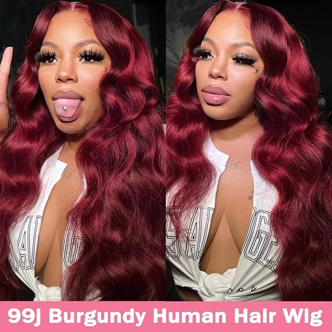 99J Burgundy Wig Human Hair 13x4 Body Wave Lace Front Wigs Human Hair 180 Density Pre Plucked Glueless Wine Red Colored Lace Front Wig for Women 22inch