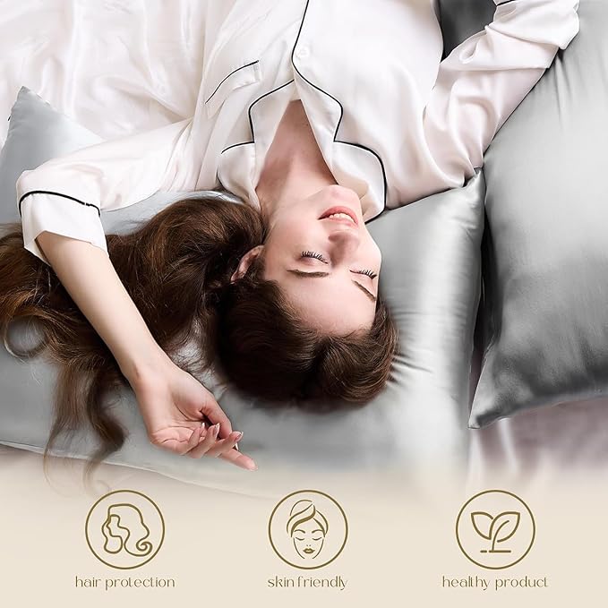 ZIMASILK 100% Pure Mulberry Silk Pillowcase 2 Pack, Soft and Smooth,Both Sides Premium Grade 6A Silk,600 Thread Count,with Hidden Zipper for Men and Women Family (Standard 20"x26", Gray)