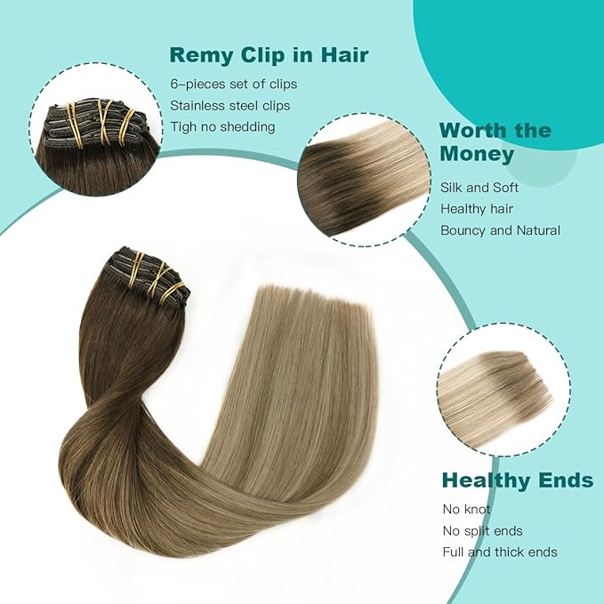 SURNEL Clip in Extensions Human Hair Dark Brown to Dirty Blonde Real Hair Extensions Clip in Human Hair 18inch 6pcs 120g(#2/6/18,18'')